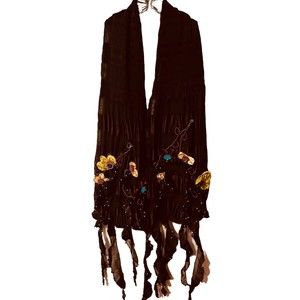 Women’s Handmade Brown Silk Blend Flower Embellished Long Neck Scarf OneSize